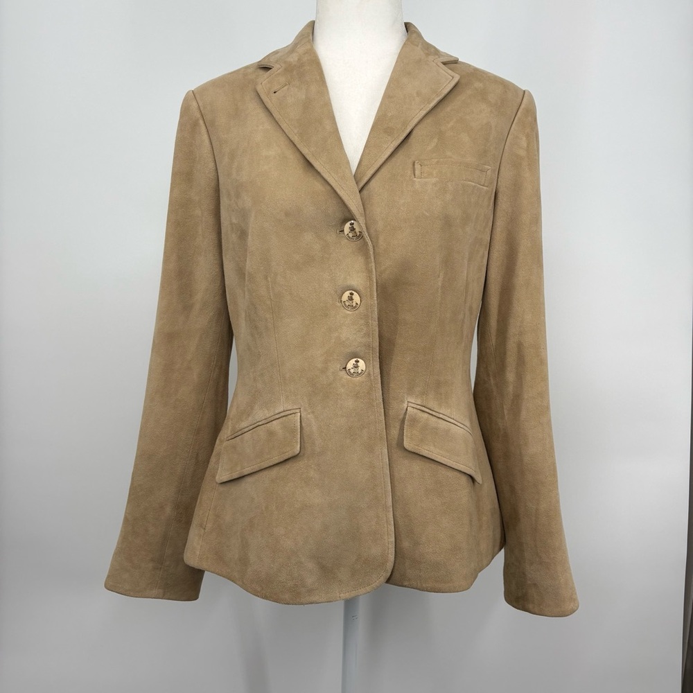 Vintage Ralph Lauren Suede Blazer Jacket 12 L Tan Beige Equestrian Blue Label